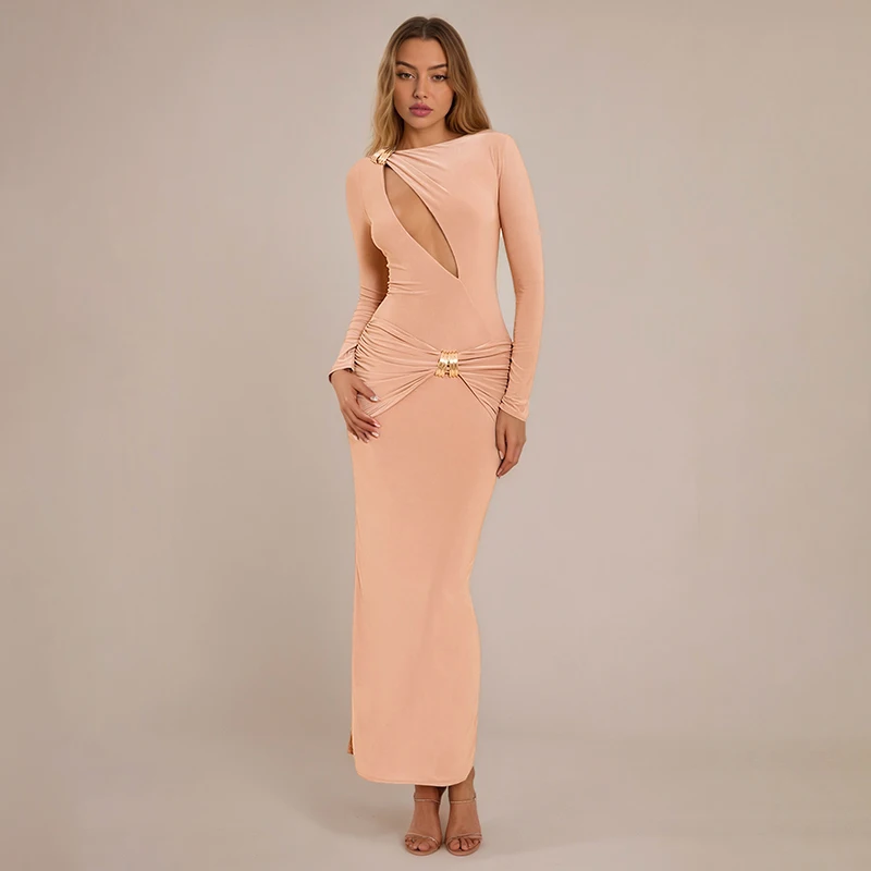 Tendencia de las mujeres 2025 otoño nuevos vestidos largos blanco elegante fiesta sexy apretado doble capa recortado manga larga plisado maxi vestido