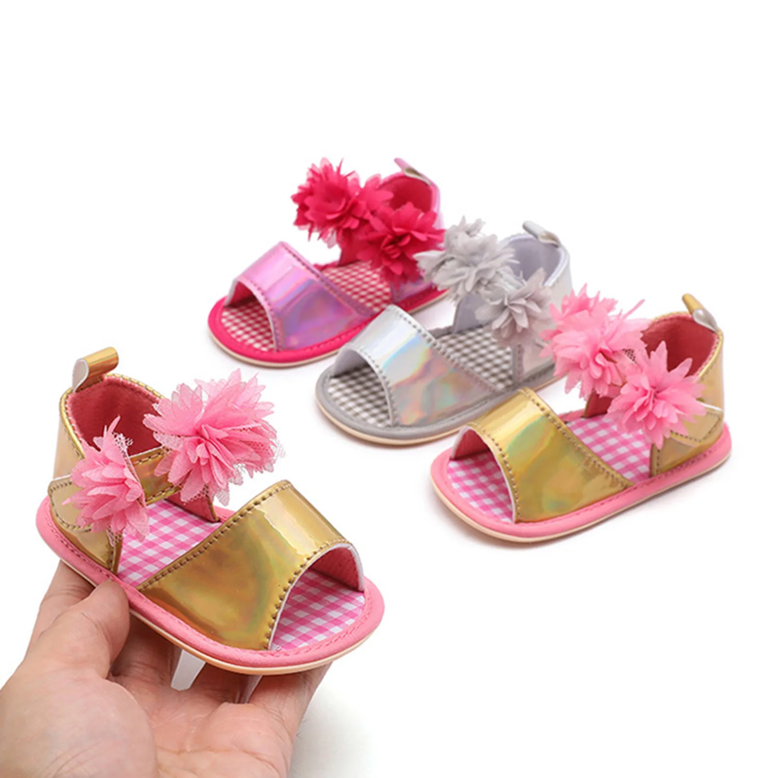 

Сандалии для маленьких девочек, гибкие нескользящие летние туфли на плоской подошве из искусственной кожи с цветочным узором для повседневной носки