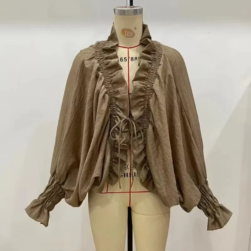 New Fashion Brown V‑Neck Flowy Blouse Women Tie Front Ruffle Long Sleeve Casual Party Shirt 2026 Spring Autumn Trendy Streetwear 6