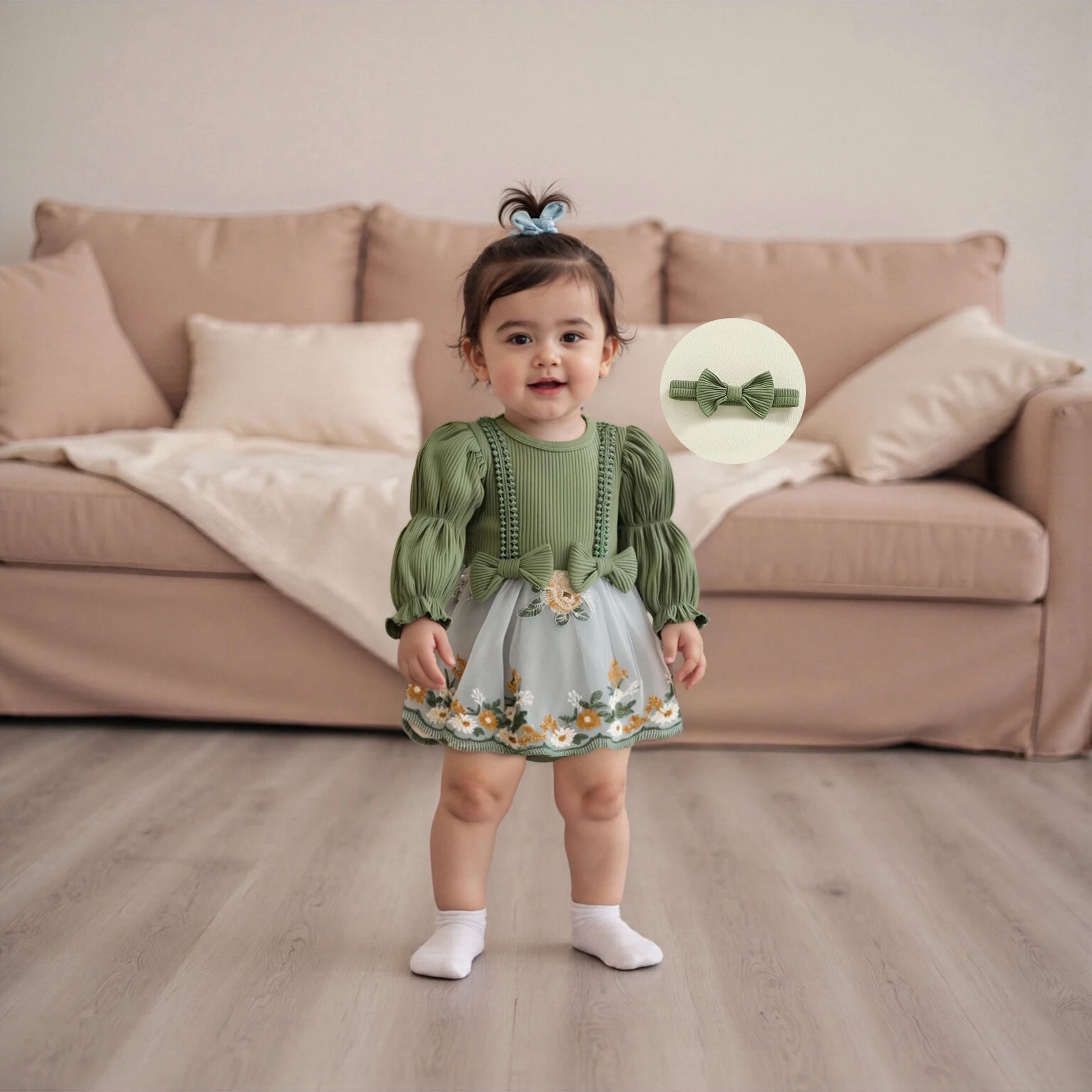 

Одежда для новорожденных девочек, наряд с длинными рукавами и круглым вырезом, комбинезон трапециевидной формы с цветочной вышивкой и бантом, одежда с повязкой на голову