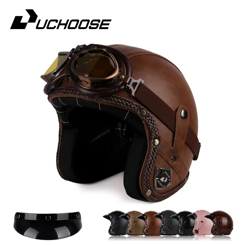 UCHOOSE Retro Motorcycle Helmet PU Leather Open Face 3/4 Chopper Bicycle Helmets Classic Casco Moto Vintage