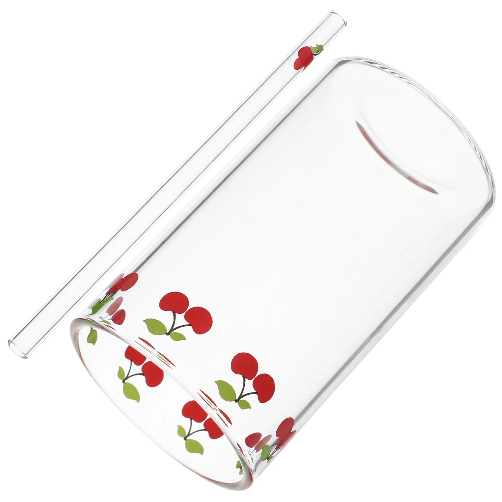 

1Set Cherry Pattern Glass Cup Straw Clear Glass Mug Multifunctional Coffee Tea Juice Cocktail Milk Household Cup