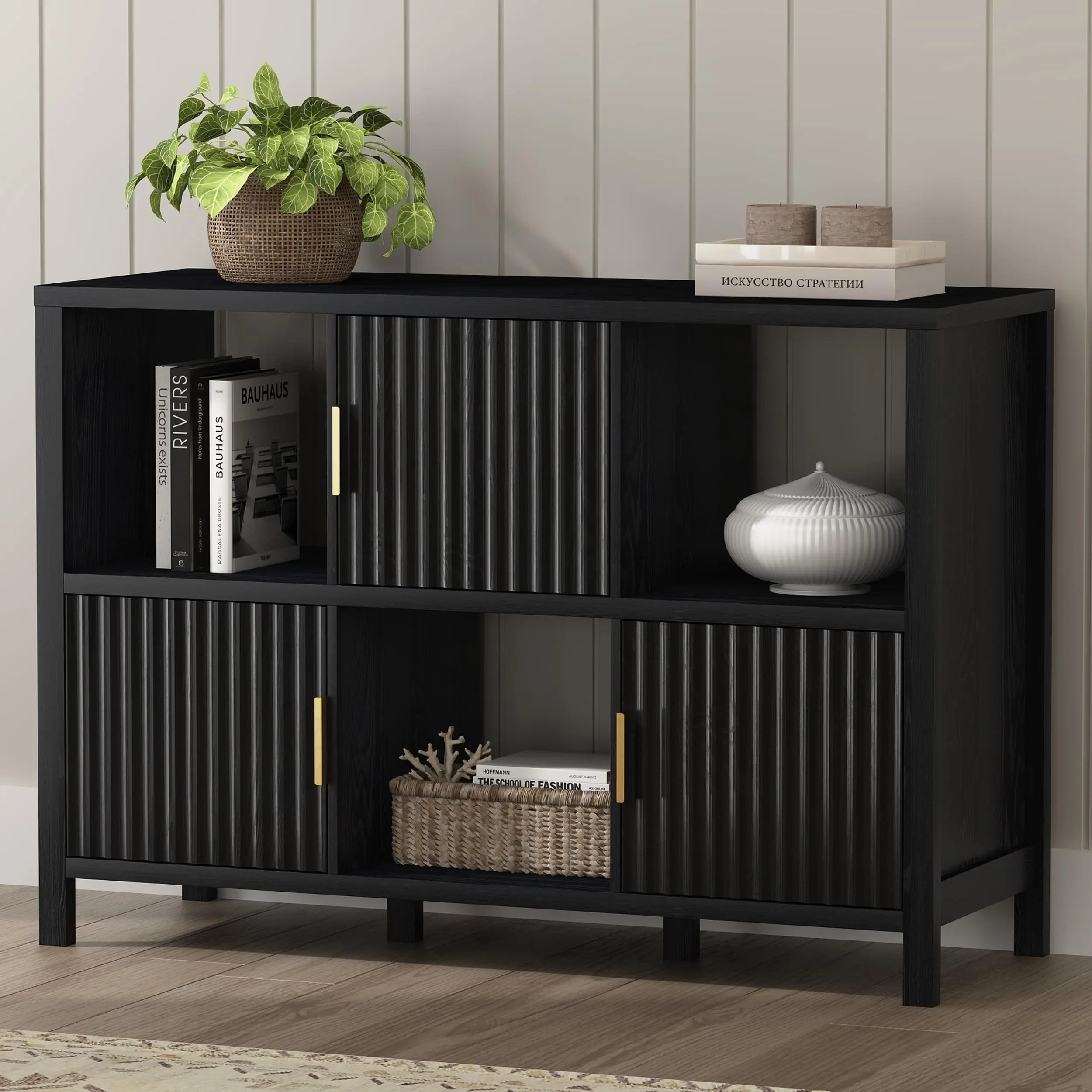 Fluted Storage Organizer Bookshelf, Modern Cube Bookcase with 3 Open Shelf and 3 Cabinets with Doors for Bedroom