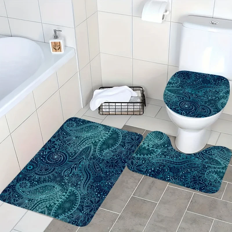 3pcs Blue Paisley Bathroom Mat Set - Non-Slip, Absorbent & Soft Floor Mats for Home Use - Includes U-Shaped Toilet Rug, Lid Cove