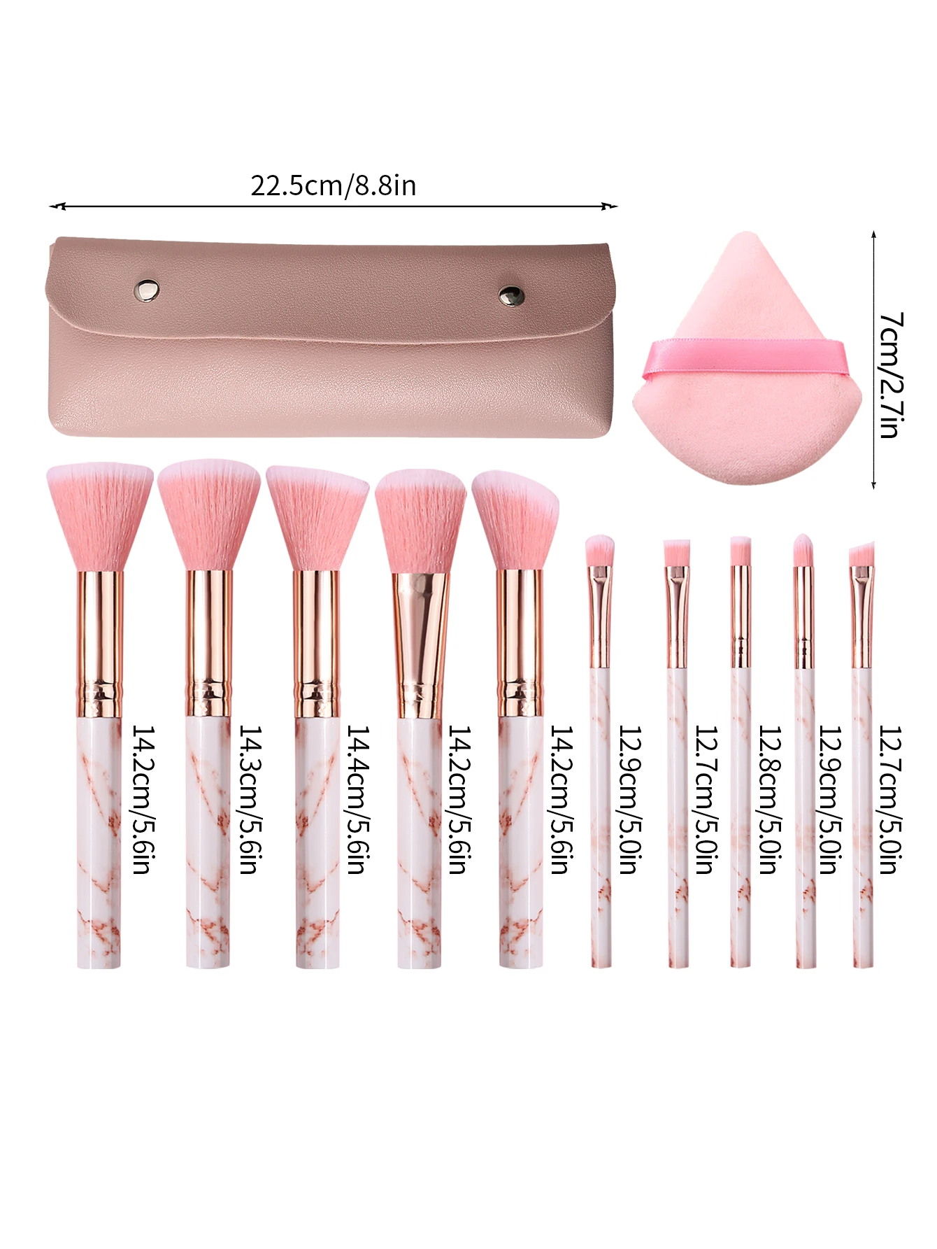 14PCS pink set with 10 marble makeup brushes +3pcs setting triangle powder puff +1pcs double button makeup brush storage bag