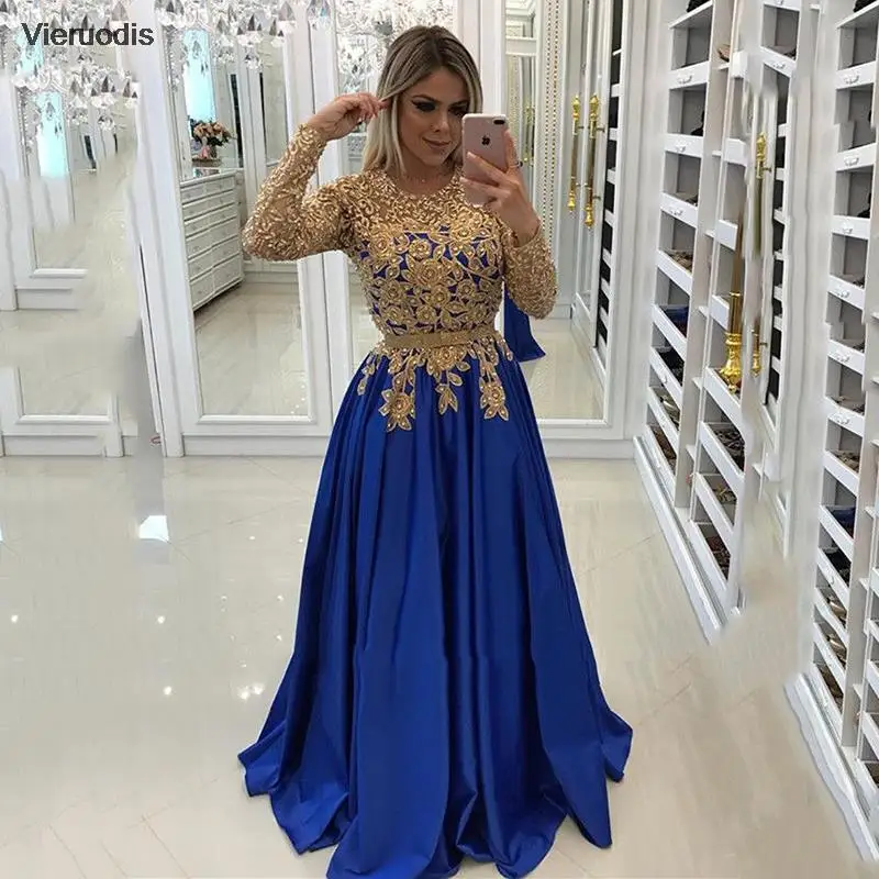 Gold Lace Evening Dresses 2022 Long Sleeve O-Neck A-Line Appliques Satin Elegant Party Prom Gown Floor Length Vestido De Noche