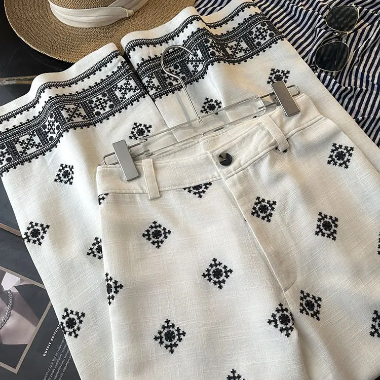 2025 Summer New Thin High Waist Wide Leg Pants for Women Fashion Retro Embroidered Casual Loose Pants Streetwear Women Y2k