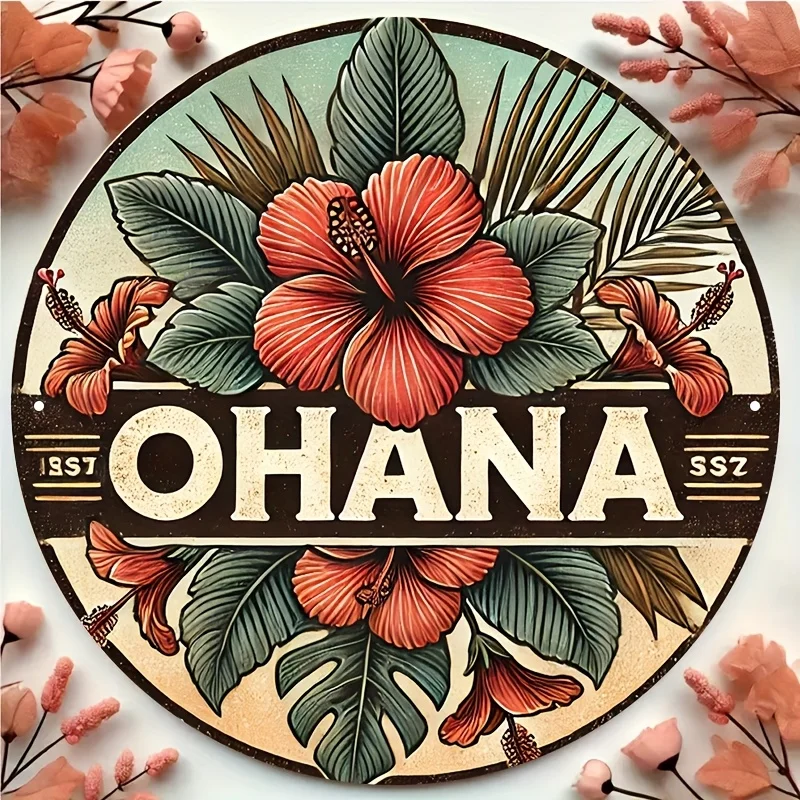 2D Flat, Vintage "Ohana" Aluminum Sign - 20.32x20.32 cm Round Tropical Floral & Bird Design, Hawaiian-Themed Wall Art for Home &