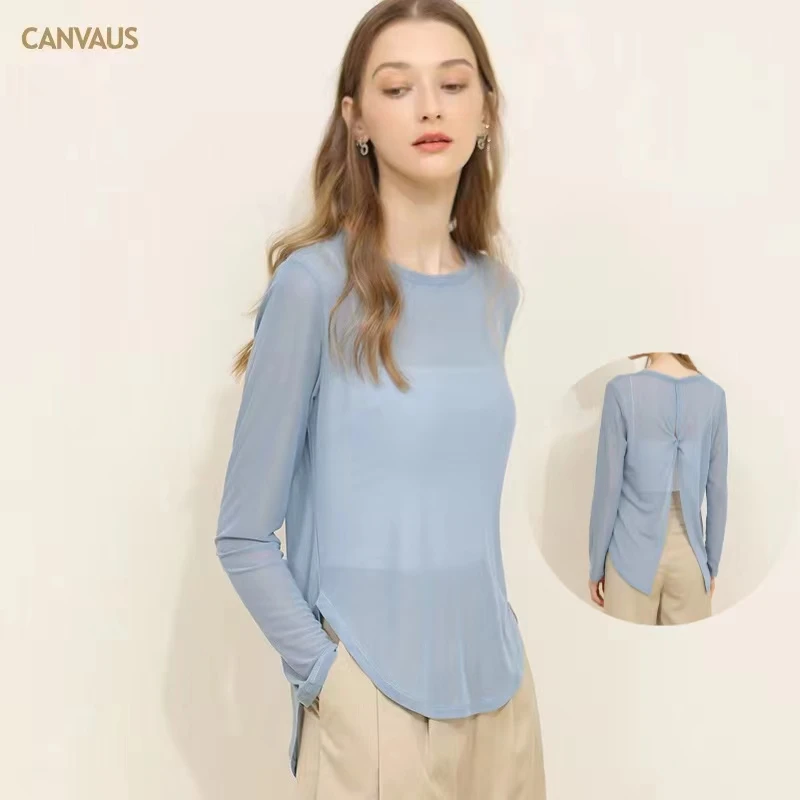 Fashion Hollow Out T-shirt Thin Perspective Women Long Sleeve Summer Solid Slim Casual Transparent Sunscreen Sand Ice Gauze Top