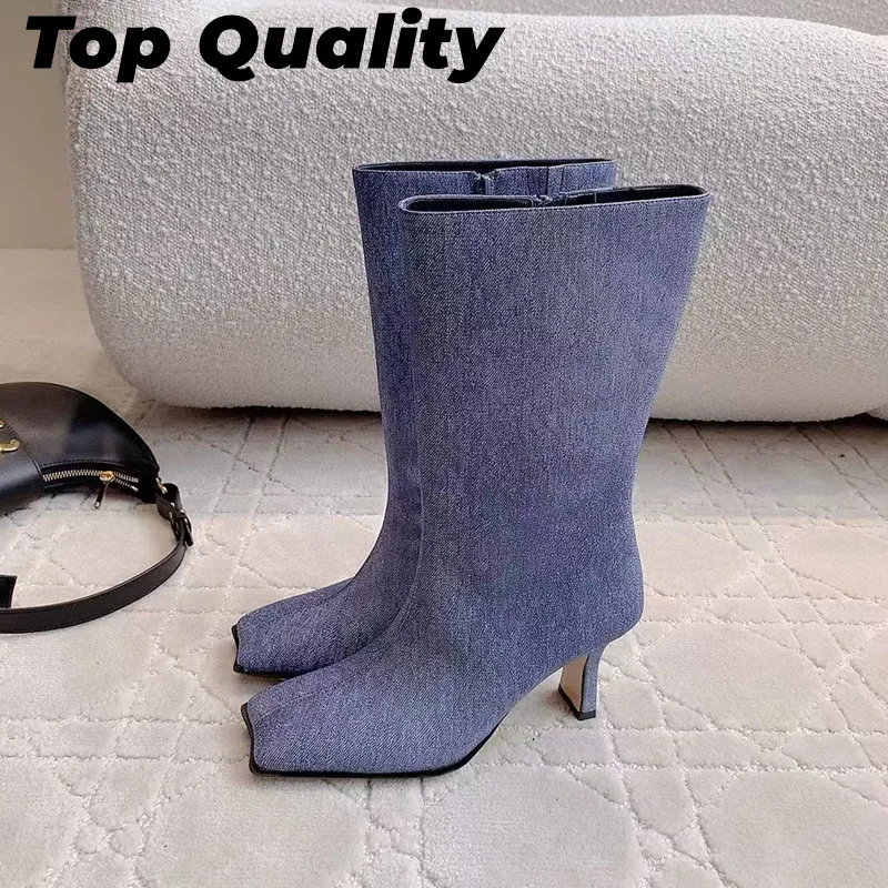 Women's fashionable and minimalist totem side zipper open top long boots, high tube women's square headed cowhide boots