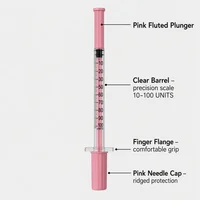 Nouvelles seringues à insuline jetables stériles de couleur rose 1ml 30G 5/16 pouces avec aiguille 30G 8mm, injecteur vétérinaire pour animaux de compagnie, 100 pièces/boîte 2