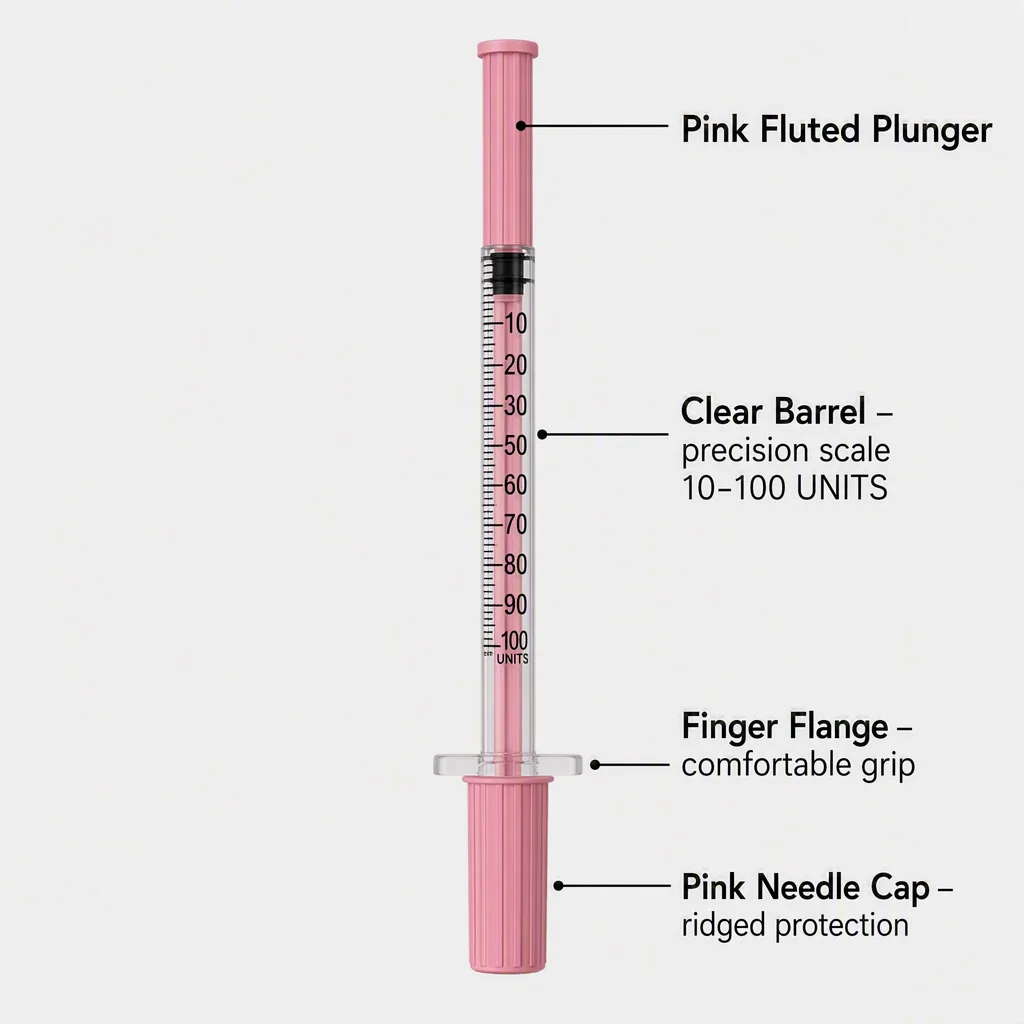 New Color Pink 1ml 30G 5/16 inch Sterile Disposable Insulin Syringes with 30G 8mm Needle Veterinary Injector for Pets,100Pcs/Box