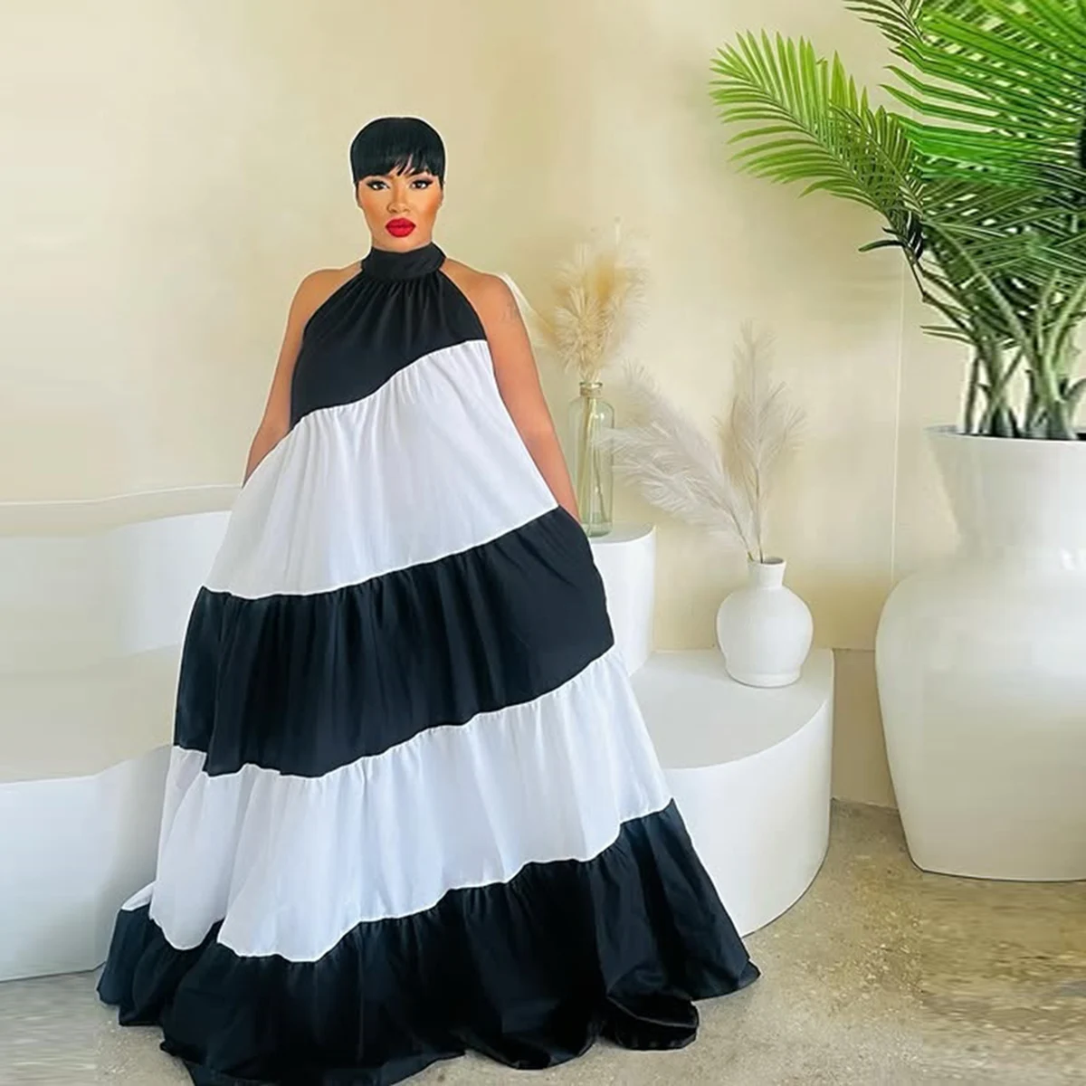 

elegant Black White Color Block Halter Maxi Dress Tiered Ruffle Sleeveless Casual Long Dress with Pockets Evening Gowns