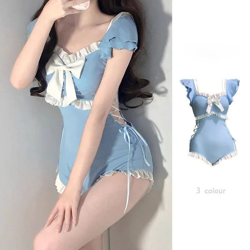 Cute Bow Swimwear Women Lolita One Piece Swimsuit Female Bathing Suits Bodysuit Korean Style Hollow Beach Wear Купальник 원피스수영복