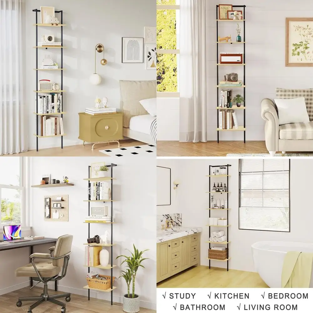 

77 Tall 6-Tier Ladder Bookshelf, Metal & Wood Wall-Mounted Storage Rack for Home or Office, Light Oak Finish