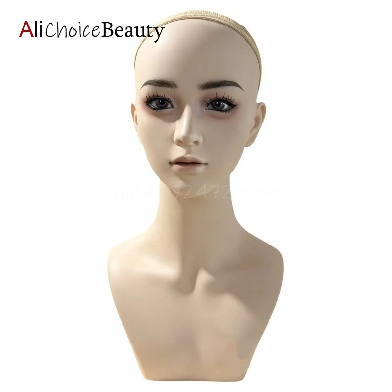 Mannequin Head for Wigs Small Shoulders Doll Make Up Head with Tripod Mounting Ear Hole for Displaying Hair Accessories Jewelry
