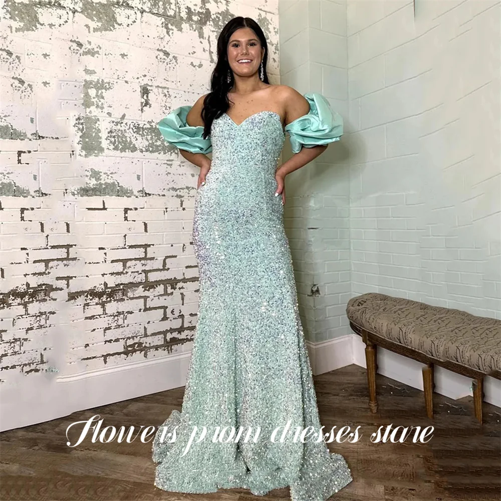 

Flowers Turquoise Formal Dresses Off Shoulder Glittery Evening Dress Puff Sleeve Mermaid Prom Gown with Shiny Sequins Customized