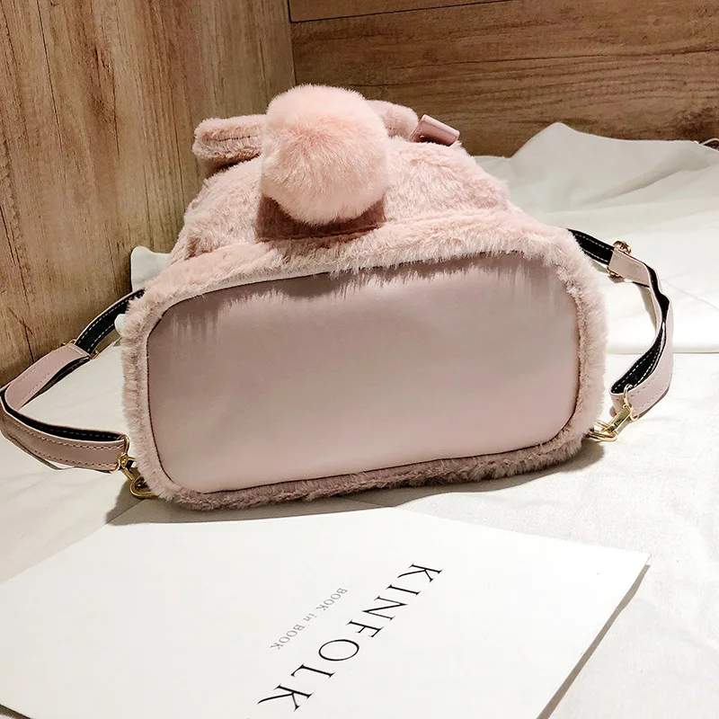 Cute Flannel Rabbit Backpack Women Small Soft Faux Fur Daypack Teenage Girls Kawaii Rucksack Easter Gift Bunny Ears Bag XA566H