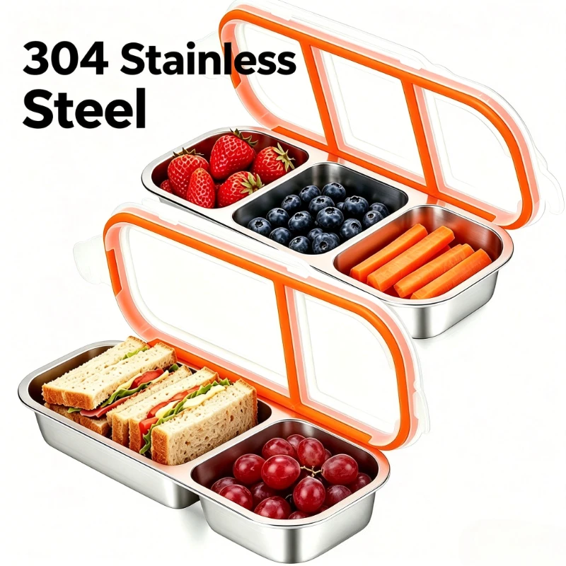 1pcs 304 Stainless Steel 2 Compartment Food Container Flip Lid Reusable Lunch Box Dishwasher Safe Picnic Salad Storage Box