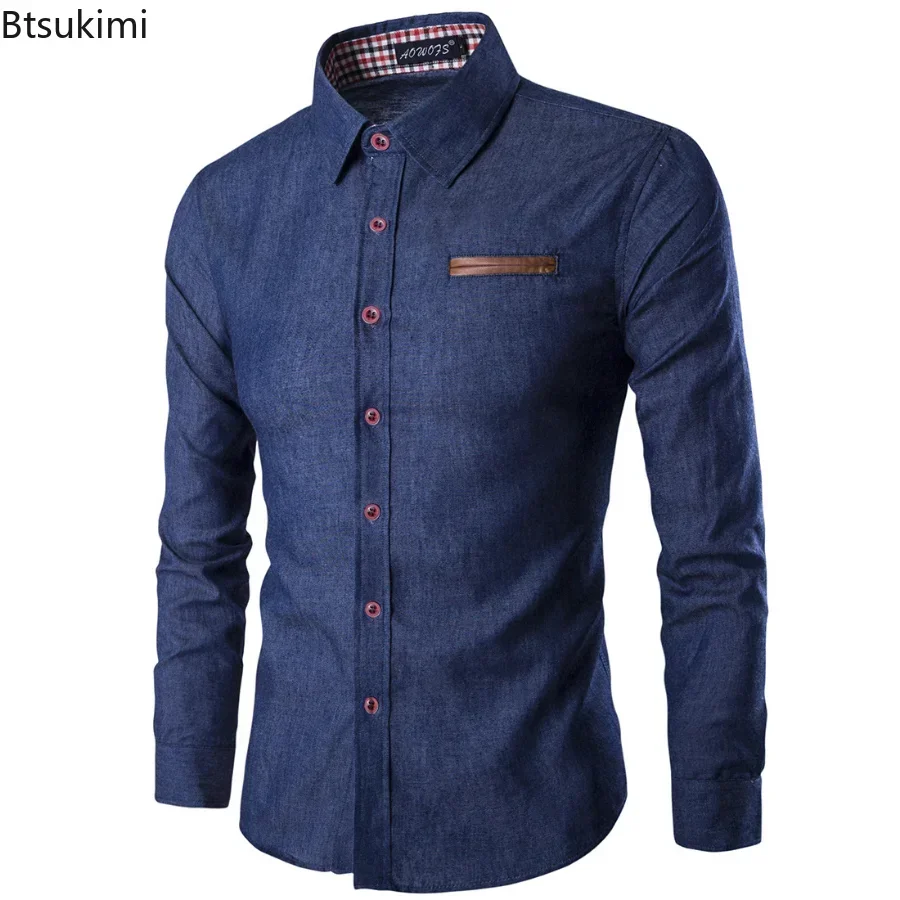 Camisa jeans de manga comprida masculina, slim fit, com botões, blusa casual, camisas formais masculinas, 2022