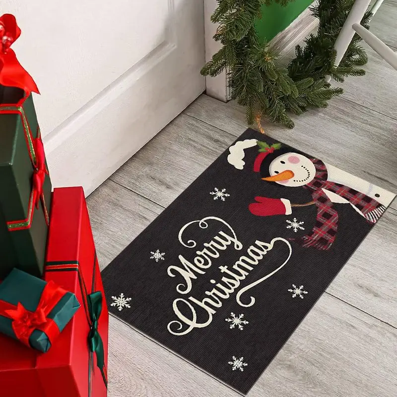 VIKAMA Xmas Front Door Mat Durable Festive Santa Snowflake Print Non Slip Floor Mat For Indoor Outdoor Entry Xmas Decor