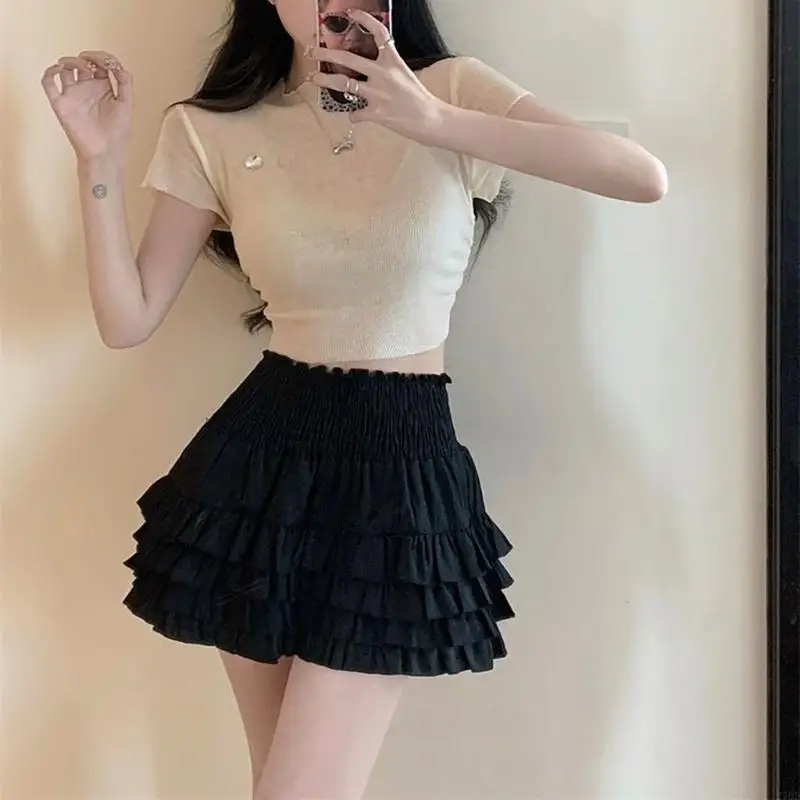 

270D женская милая эластичная гофрированная мини-юбка с высокой талией и рюшами, эстетичная элегантная многослойная расклешенная