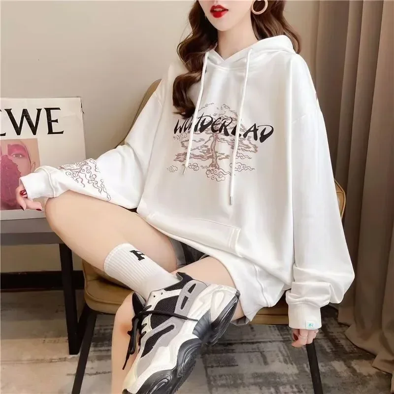 Harajuku Oversized Hoodies Women Chinese Style Printed Autumn Winter Velvet Couple Pullover Sweatshirt 2022 Spring Streetwear