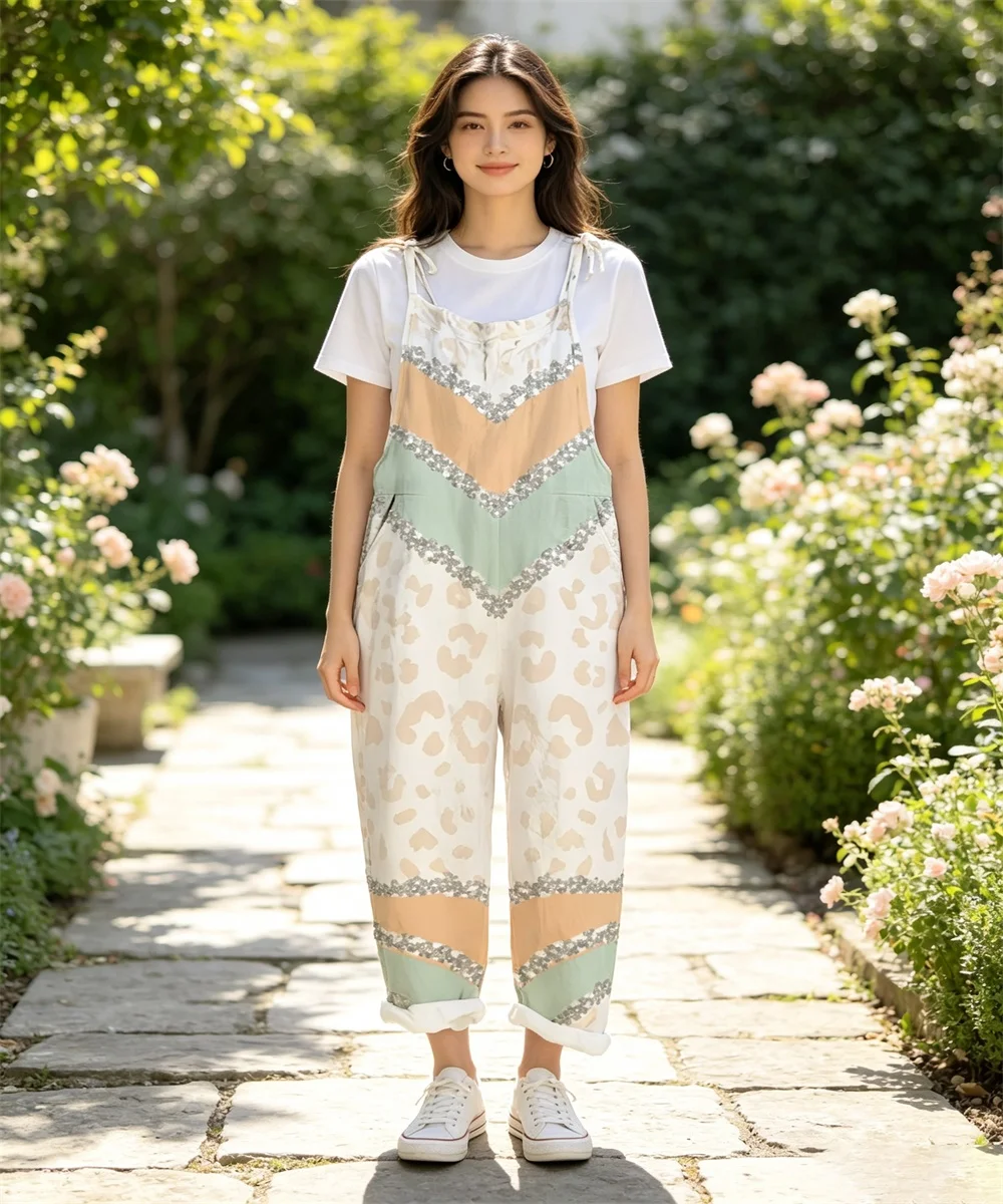 2026 Summer New Women's Color blocked Leopard Lace Printed Comfortable jumpsuit, Off Shoulder Sleeveless Loose jumpsuit