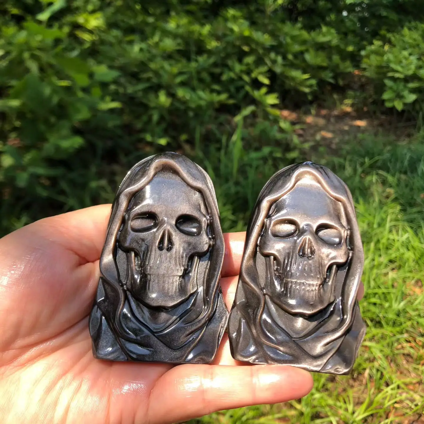 1PC 8cm Silver Obsidian Natural Quartz Skull Sorcerer Carving Healing Mineral Polished Home Decor Ornament Figurine Gift