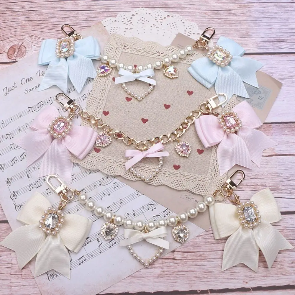 

Pearl Heart Lolita Bag Accessories Beaded Pearl Rhinestone Heart Bag Hanging Decoration Diamond Heart Sweet Lace Bow Bag Pendant