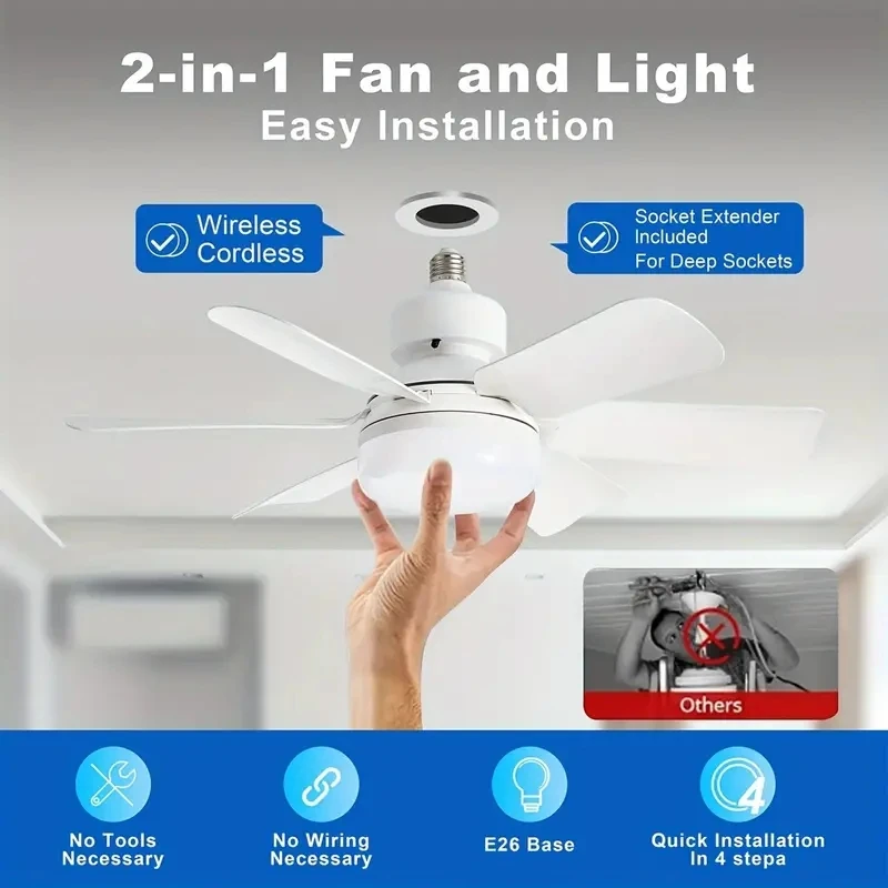 Imagem -03 - Ventilador de Teto com Controle Remoto Inteligente Luz Led Ventilador de Soquete Lâmpada para Quarto Sala de Estar E27 1000lm 5000k 30w