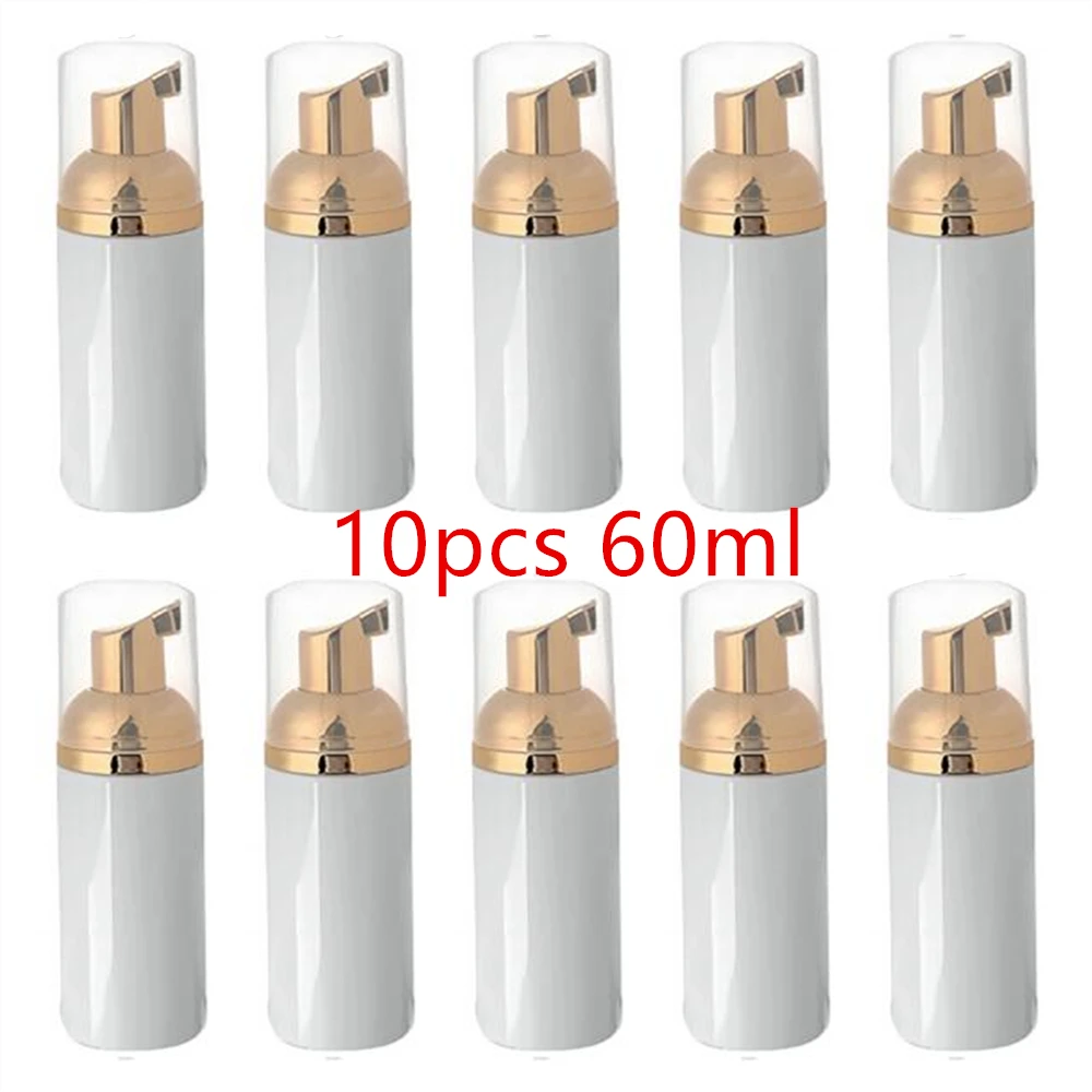 10 sztuk/partia 2 uncje 60 ml białe złoto plastikowa butelka z pompką do spieniania pusta butelka do czyszczenia rzęs do twarzy pieniący się kosmetyczny dozownik mydła butelka z pianką