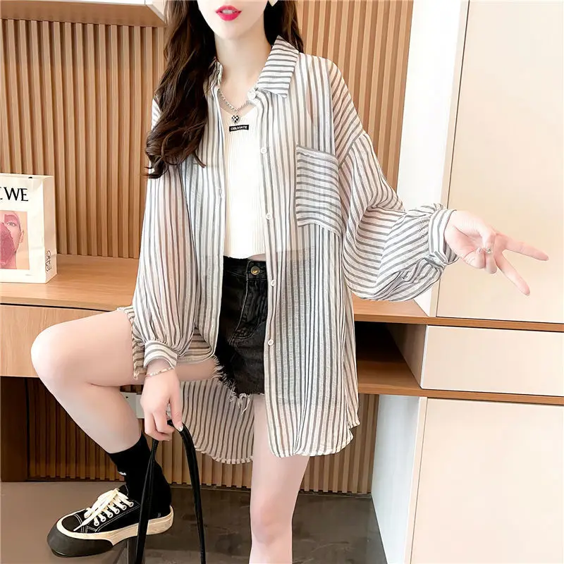 2023 Casual Striped Stylish Spliced Single-breasted Blouse Spring Summer Thin Long Sleeve Korean Loose All-match Pockets Shirt