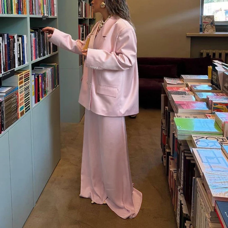 

Office Lapel Button Blazer Coat Outfit Casual Street Elastic Waist Long Skirt Women's Suit 2026 Pink Loose Spring Two Piece Set