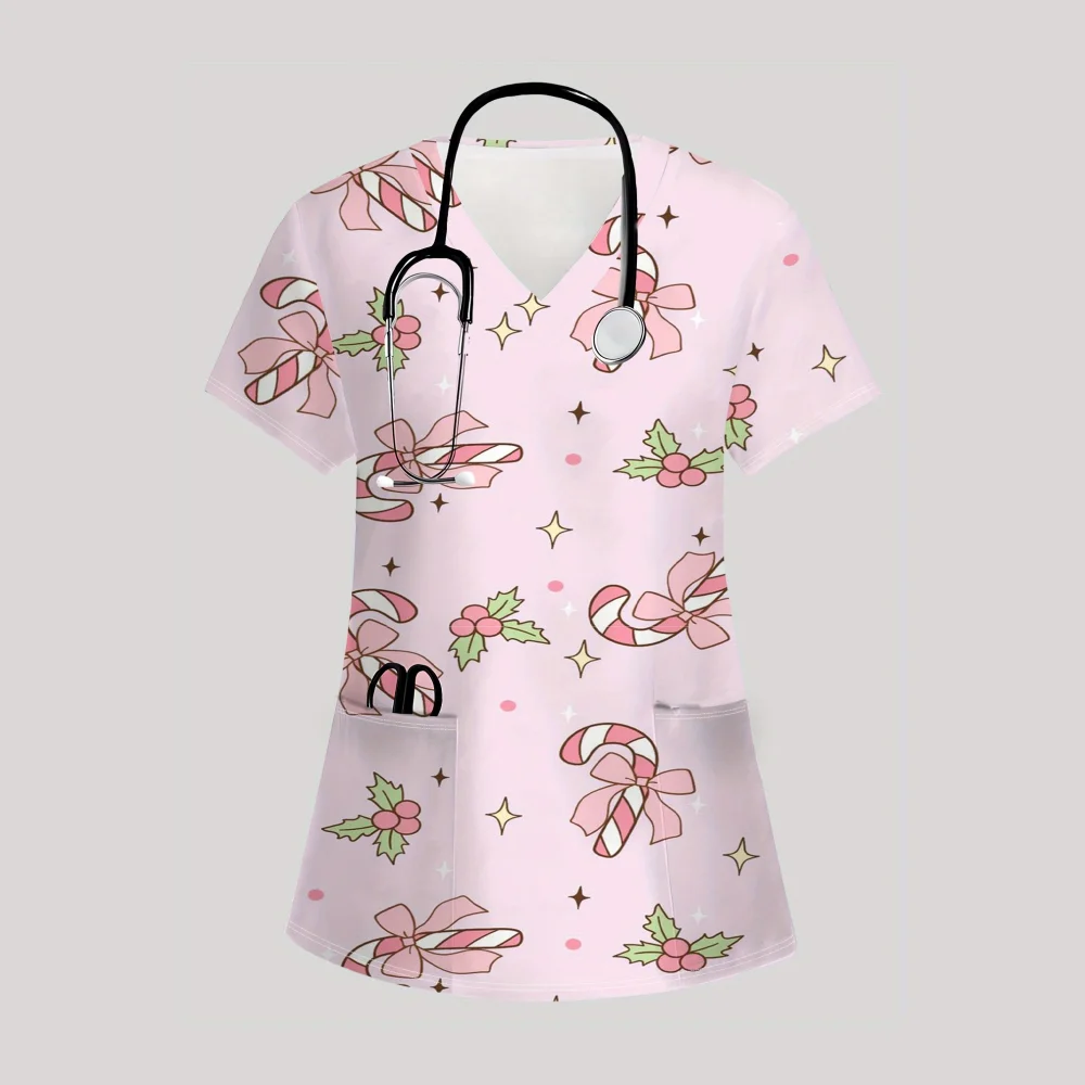 Weihnachts-Chirurgie-Uniform für Damen, T-Shirt mit V-Ausschnitt, einzigartigem Musterdruck, bequem, kurzärmelig, mit Taschen, klinische Uniformen