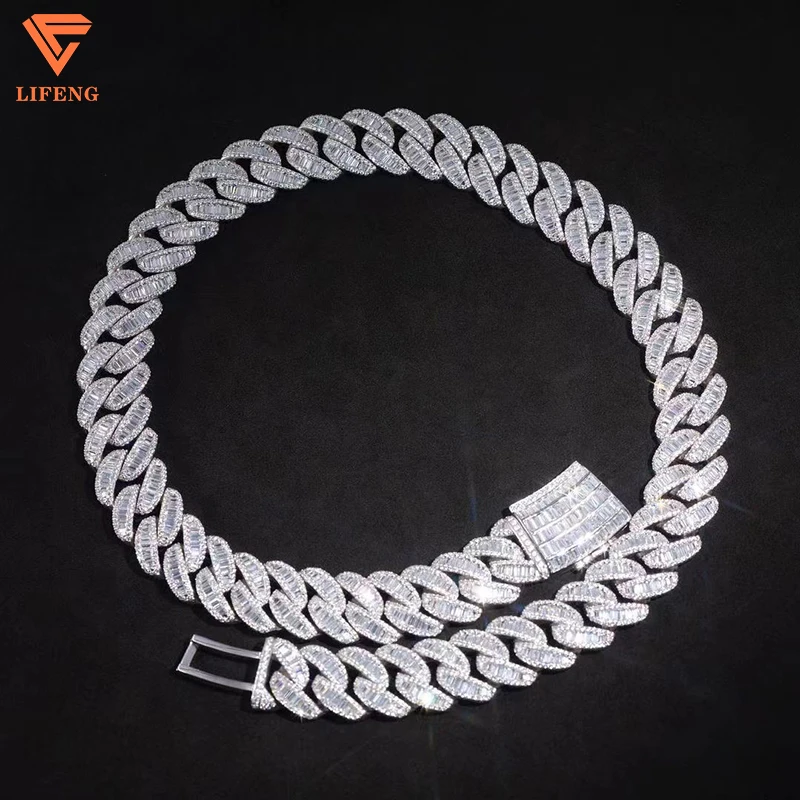 New Arrival Fashion Jewelry White Gold Plated S925 Iced Out 20mm VVS Moissanite Baguette Diamonds Hip Hop Cuban Chain Necklace