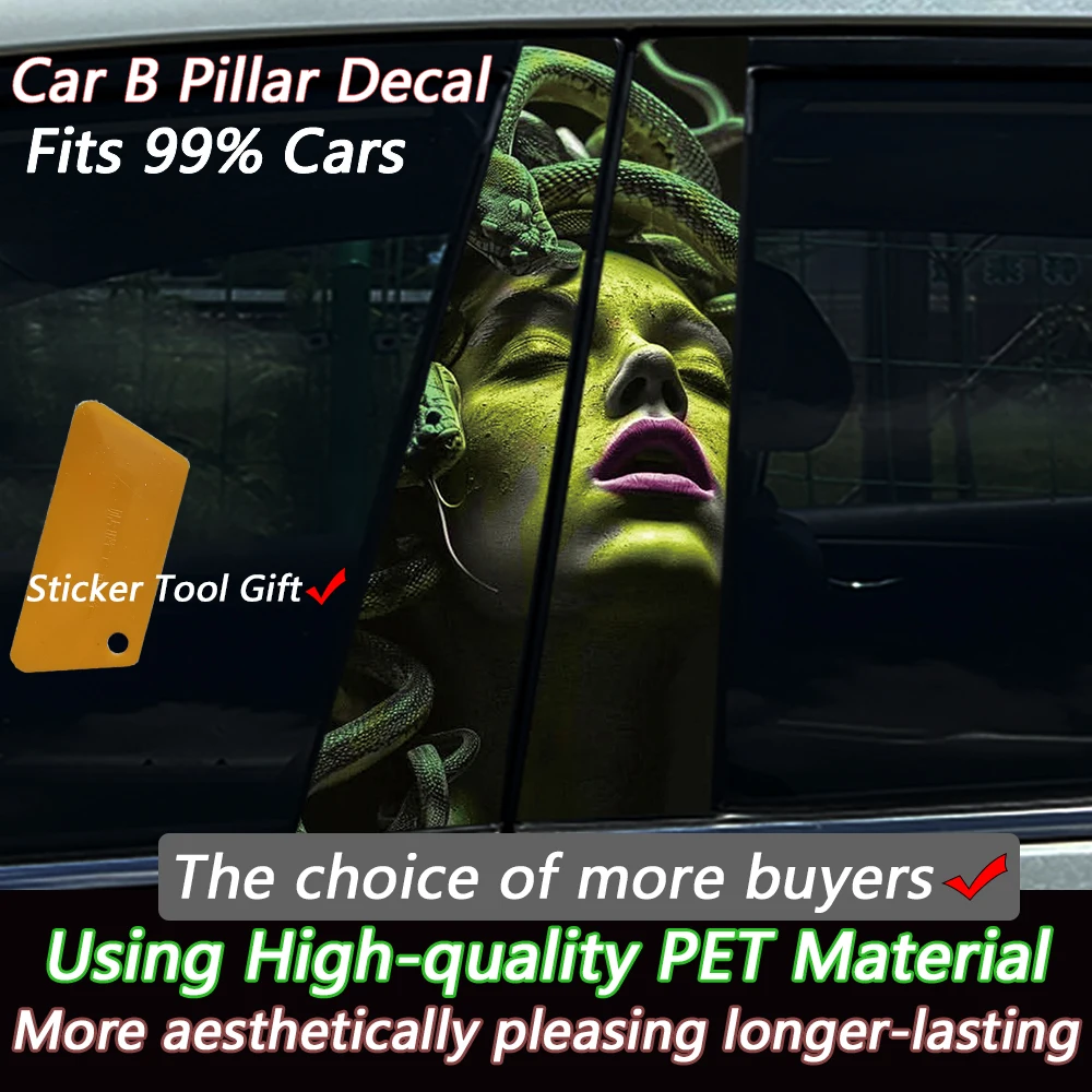2PCS Green Medusa Snake Hair Car B-Pillar Decal Waterproof UV-Resistant Vinyl Sticker for Car Door Column Personalized Decor