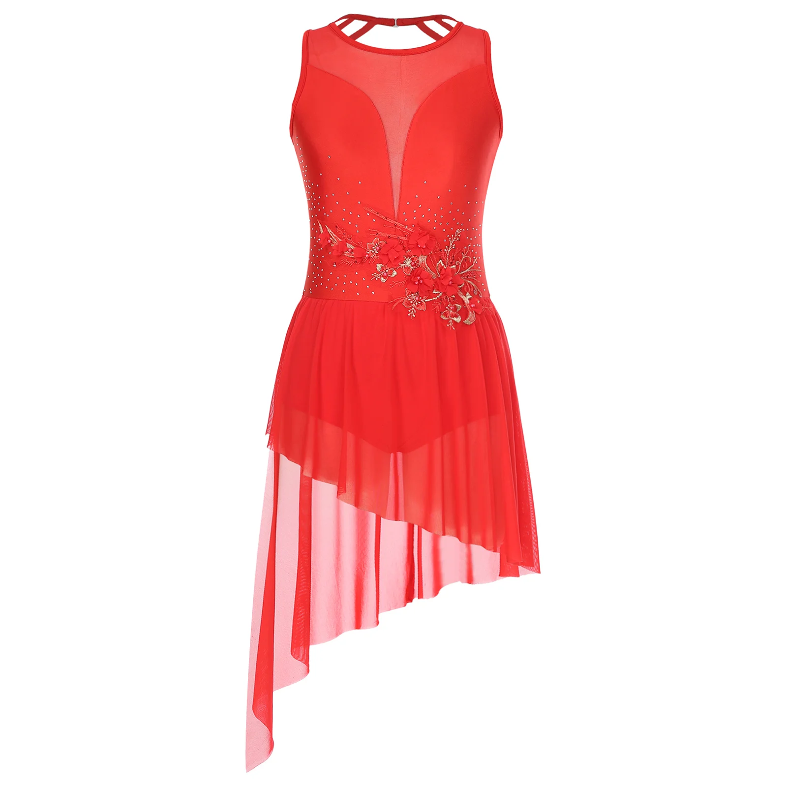Womens Ballet Lyrical Dance Dress Sleeveless Irregular Skirted Gymnastics Leotard Figure Skaitng Dance Performance Costume