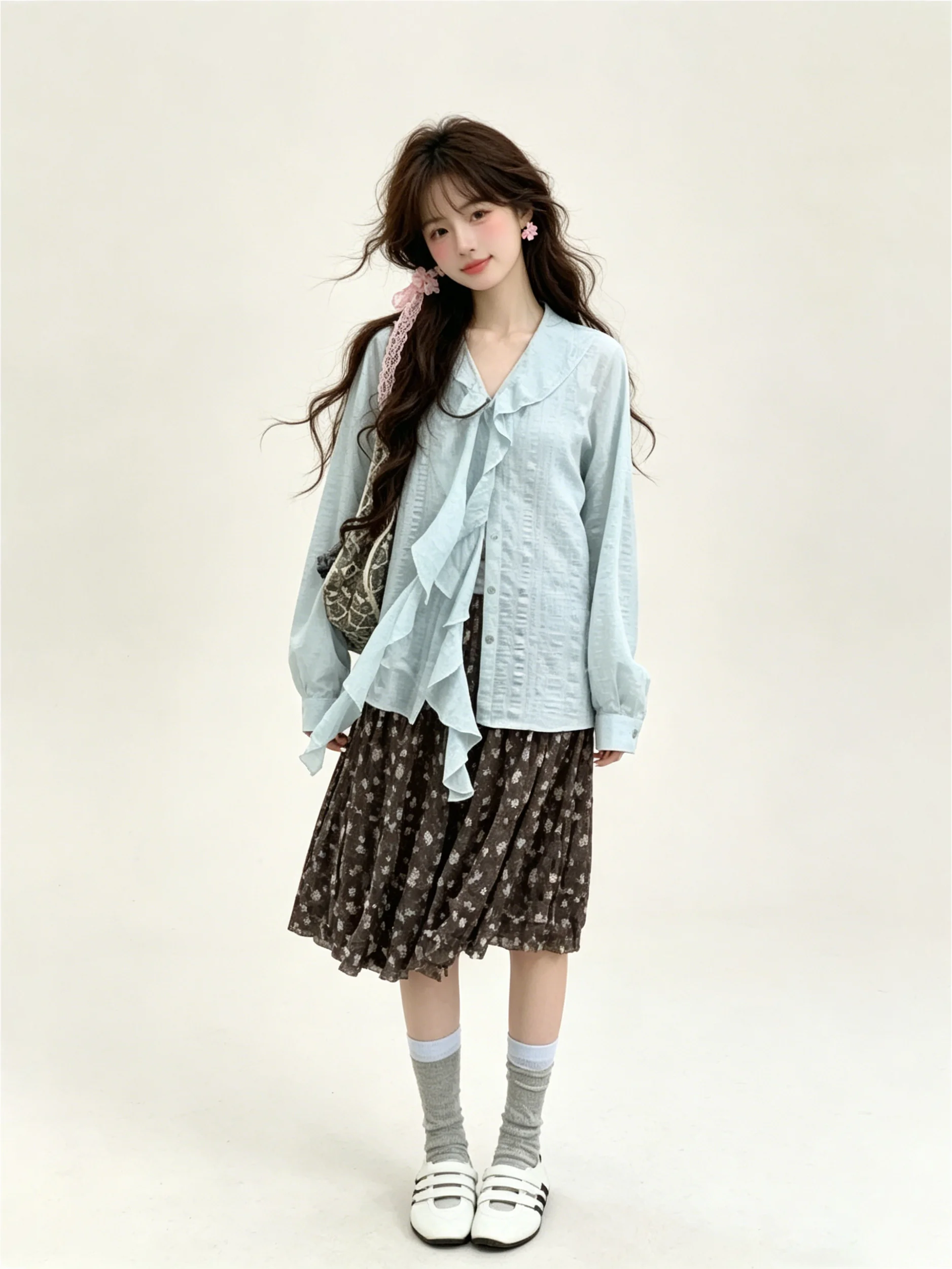 Retro Floral Print Half-length Skirt And Shirt Set Women's Summer Fashion Long Sleeve Sash Texture Sun Protection Outfit