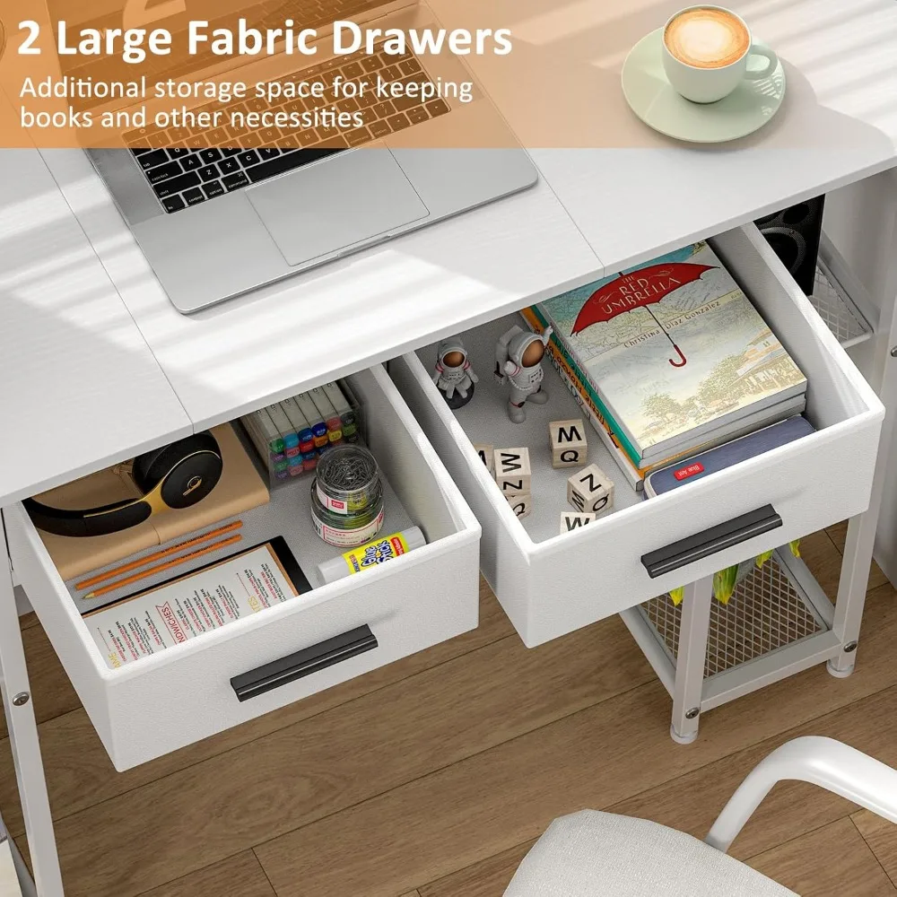 White Computer Desk with Drawers, 37.3 Inch Home Office Work Desk with Storage Shelf, Kids Teens Study Table for Small Space, Sm