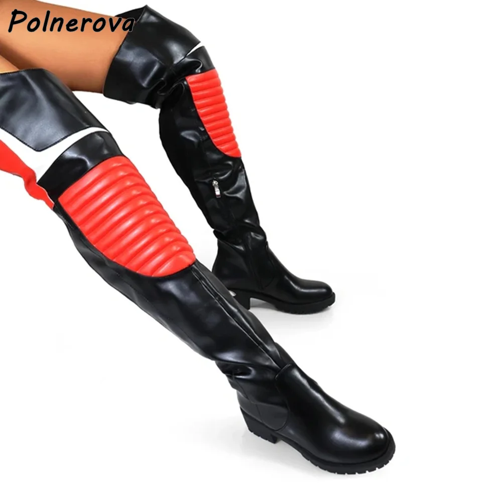 

Черные кожаные сапоги до бедра в стиле пэчворк, женские плиссированные сапоги на массивном каблуке, женские теплые зимние сапоги выше колена, шикарная обувь для отдыха