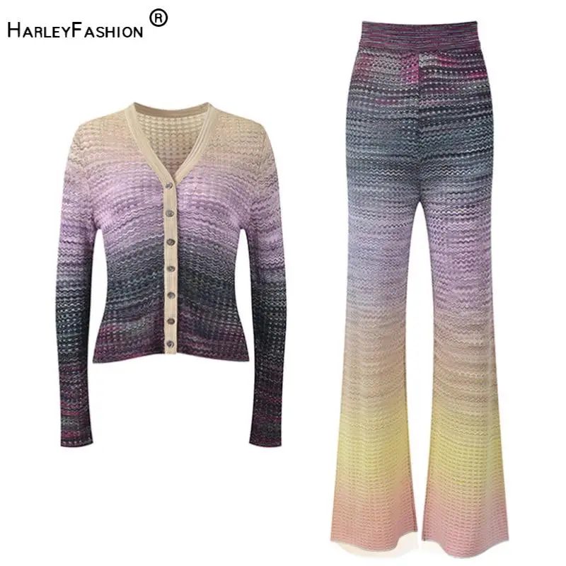 Autumn Fashion Designed Gradient Color Lady Suit V-neck Long Sleeve Single-breasted Cardigan Flared Pants Women Knits 2pcs