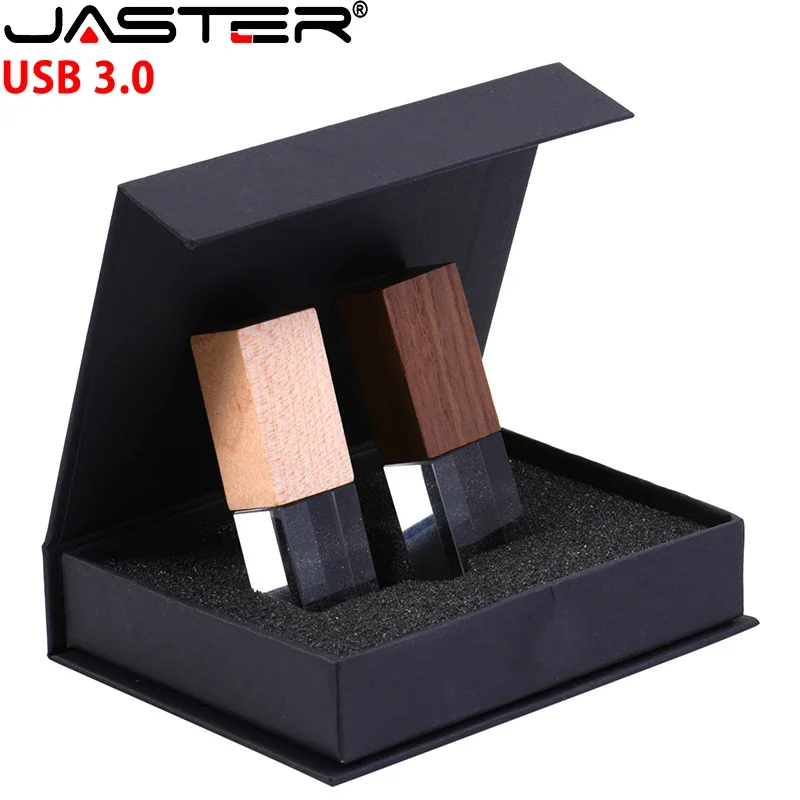 JASTER USB 3.0 Đèn LED Màu Sắc In Hộp Thẻ Nhớ Gỗ Pha Lê Bút Quà Cưới Pendrive 16G 32GB 64GB 128GB Ổ Đĩa U