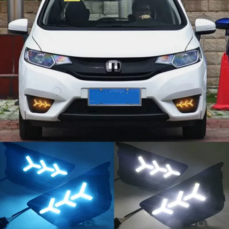 LED DRL Daytime Running Light for Honda Jazz Fit 2014 2015 2016  12V Waterproof Fog Lamp with Turn Yellow Signal