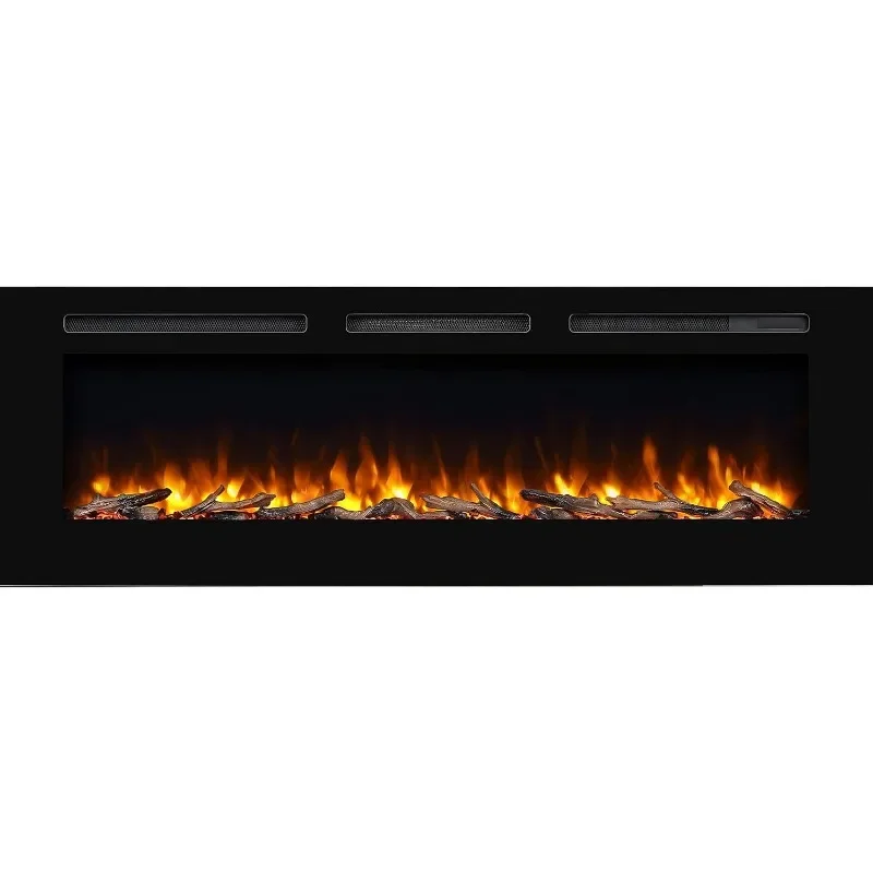 Alice 60 Inches Recessed Electric Fireplace, Flush Mounted for 2 X 6 Stud, Log Set & Crystal, 1500W Heater