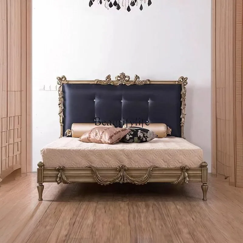 

yj19 American solid wood bed high-end light luxury furniture 1.8 meters master bedroom bed carved soft bag backrest bed