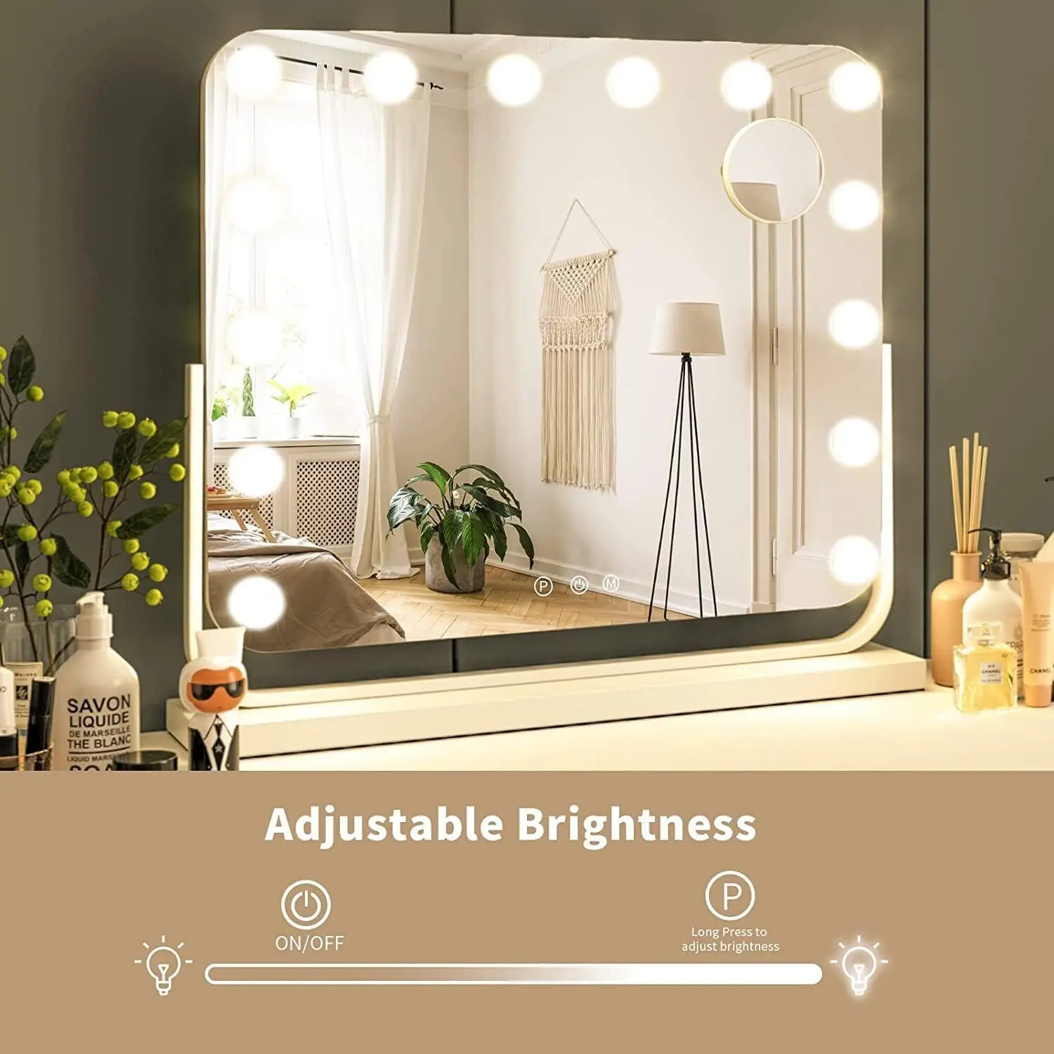 Hollywood Mirror,Make-up LED Mirror,Bathroom Mirror,Cosmetic Mirror, 60x53cm, 3 Color Modes,Touch Control,Rotating