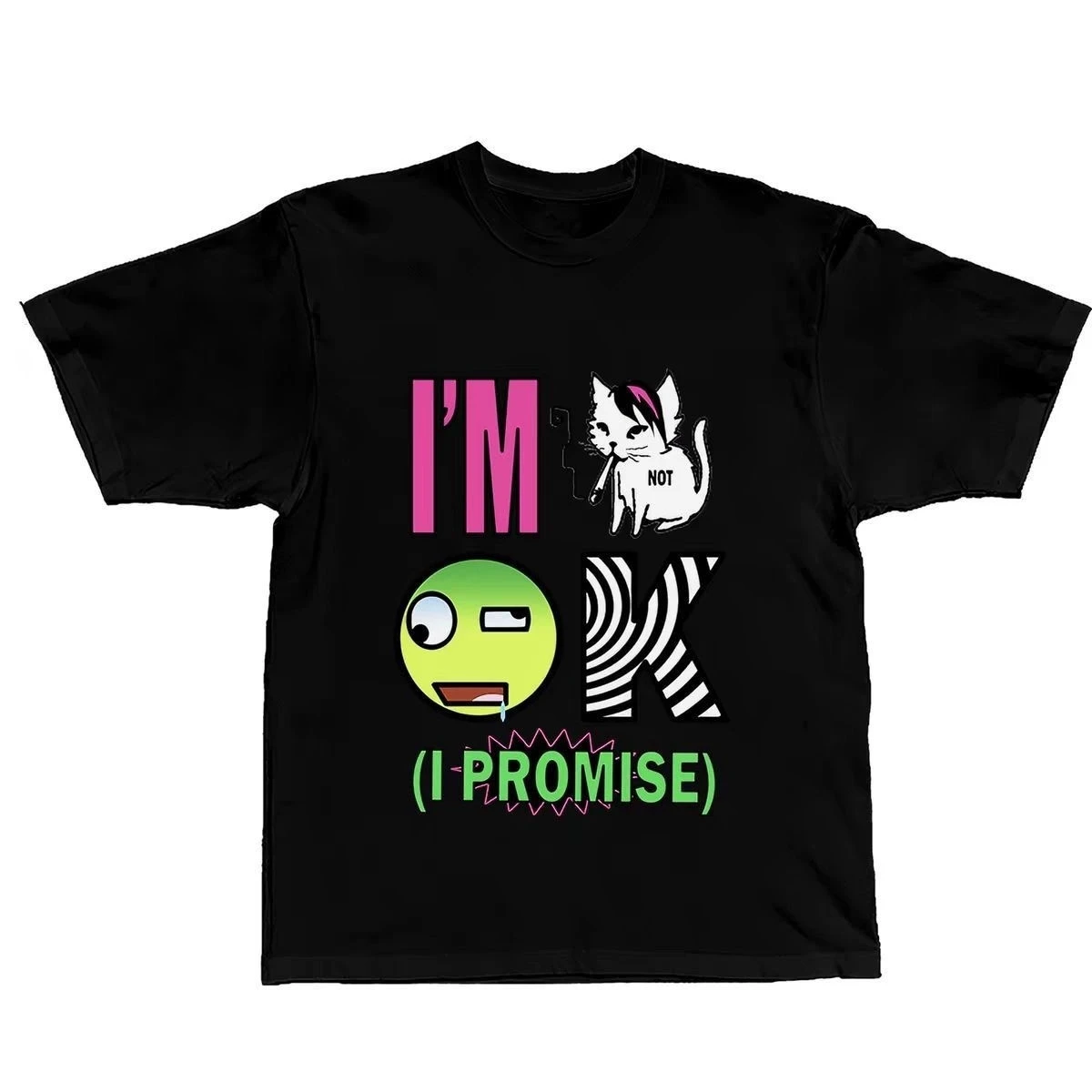 Fun Cartoon Cat Expression Letter Print Short-sleeved T-shirt for Men and Women, Loose Round-neck Black Street Casual Top