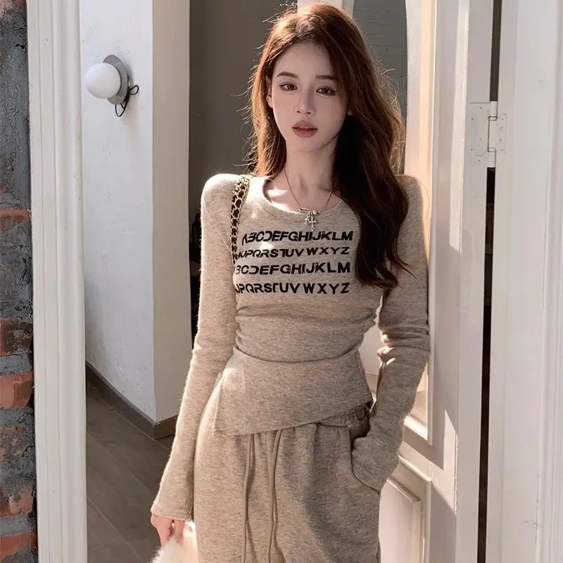 Letter printed long sleeved T-shirt slim fit top women's spring autumn casual suit wide leg pants two-piece set