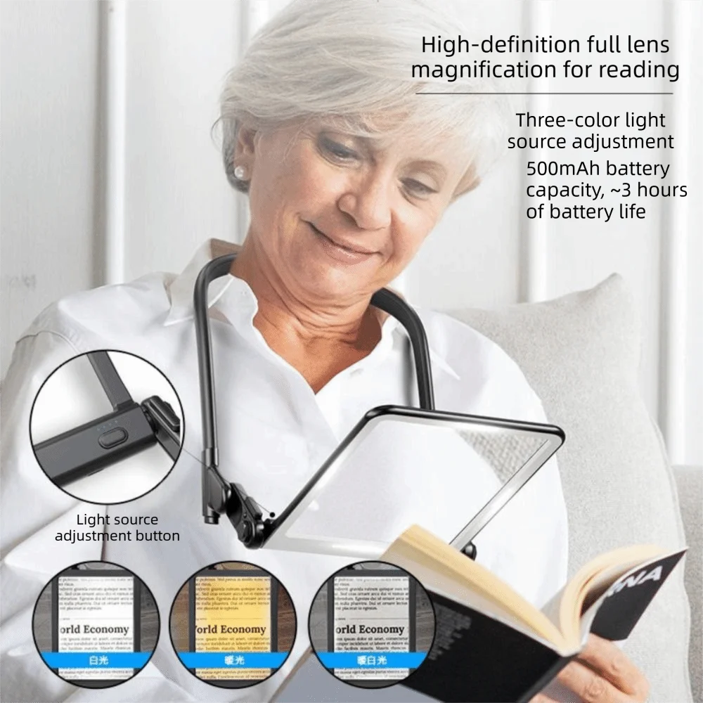Rechargeable Neck Wear Magnifier 40 LED Adjustable Lighting Reading Magnifying Glass Hands Free USB-C Power